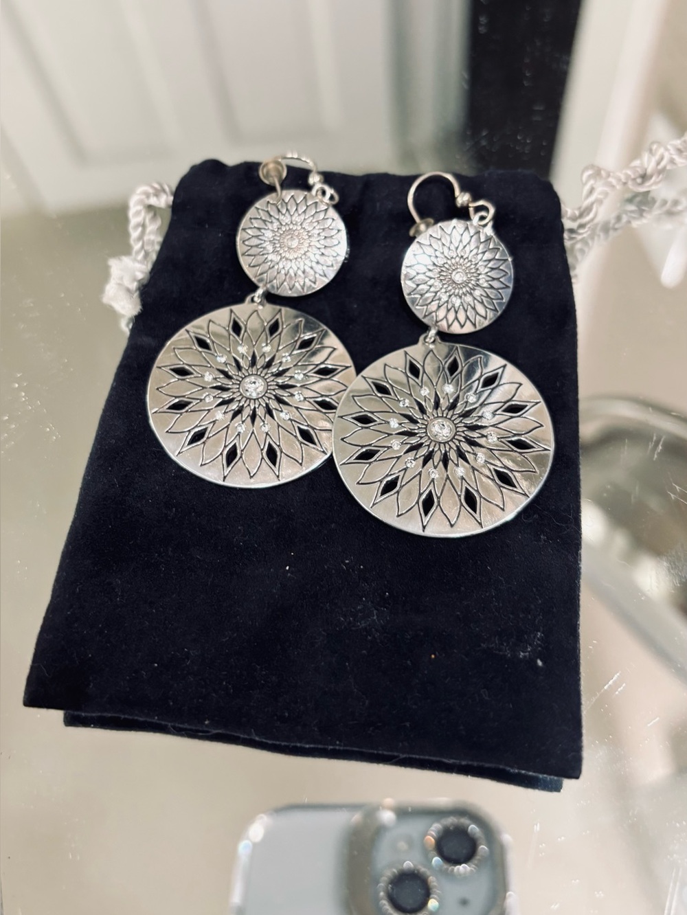 Brighton Reversible Silver Tone Floral Mandala Drop Earrings With Crystals.